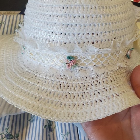 Vintage 90s Girls White Blue Floral Striped Bib Collar Party Dress w Hat Sz 5 - Picture 11 of 14